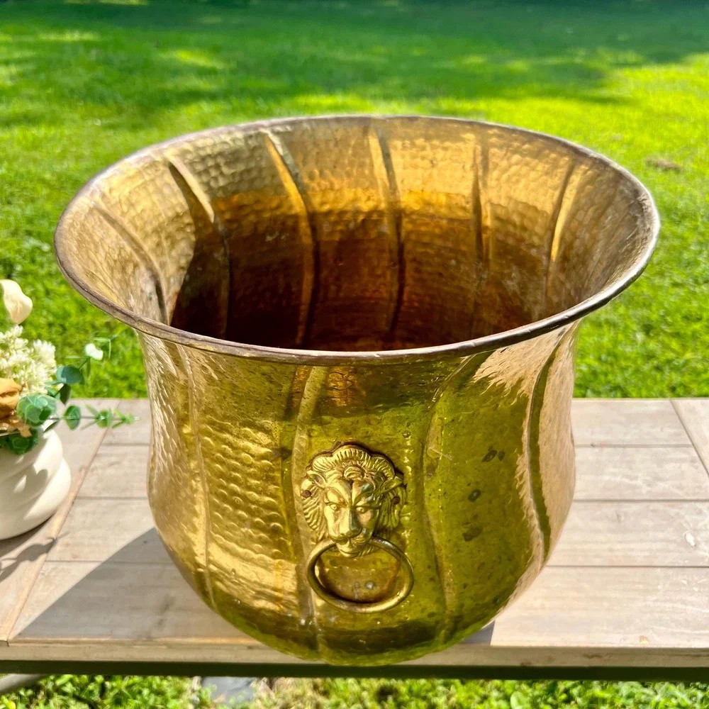 Large Vintage Brass Double Lion Head Planter